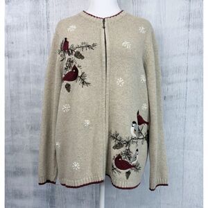 Croft & Barrow Full Zip Sweater Womens 2XL Long Sleeve Embroidered Bird Cardinal